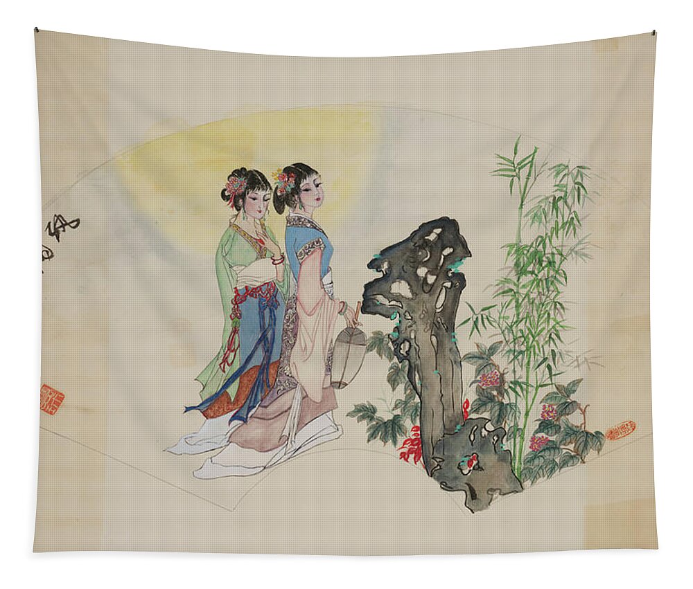 Chinese Watercolor Tapestry featuring the painting Ladies in the Garden by Jenny Sanders