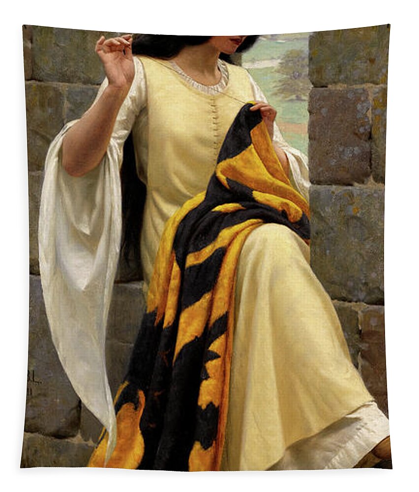 Stitching The Standard Tapestry featuring the painting Stitching the Standard by Edmund Leighton by Rolando Burbon