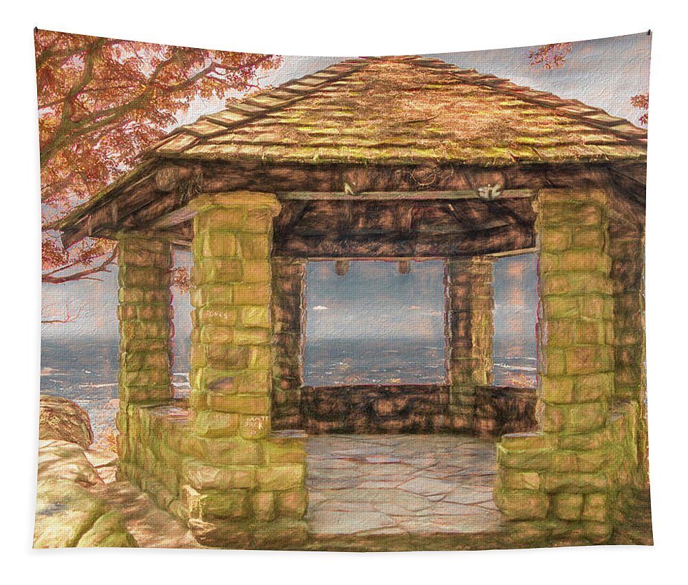Tennessee Tapestry featuring the photograph Stone Gazebo Atop Chilhowee Mountain, Painterly   by Marcy Wielfaert