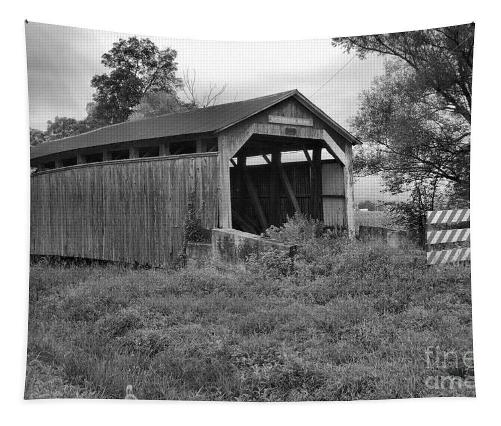 Kochenderfer Covered Bridge Tapestry featuring the photograph Stormy Skies Over The Kochenderfer Covered Bridge Black And White by Adam Jewell