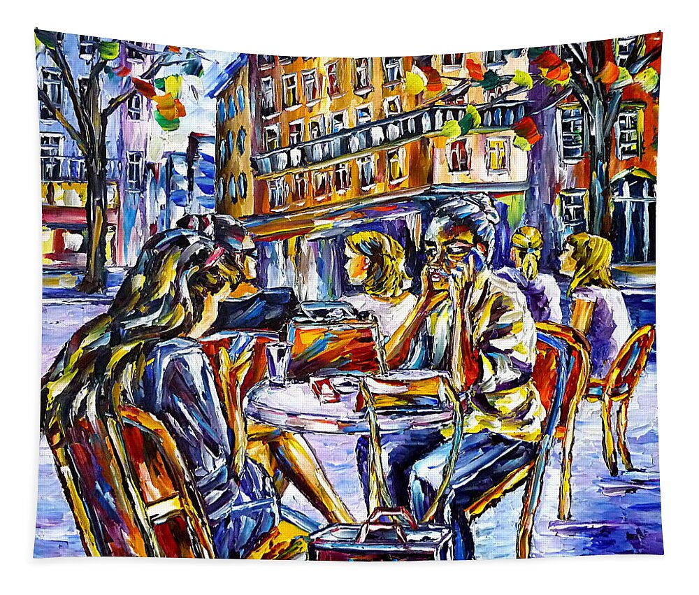 Paris Lovers Tapestry featuring the painting Street Cafe In Paris II by Mirek Kuzniar
