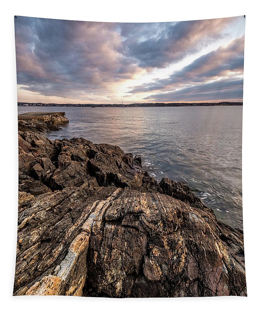 New Hampshire Tapestry featuring the photograph Striations. Leading Lines In The Rocks by Jeff Sinon