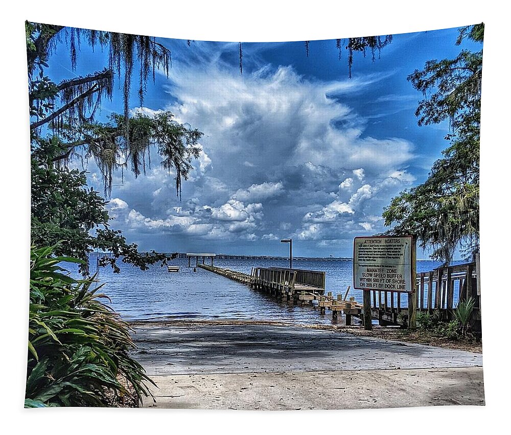 Clouds Tapestry featuring the photograph Strolling by the Dock by Portia Olaughlin