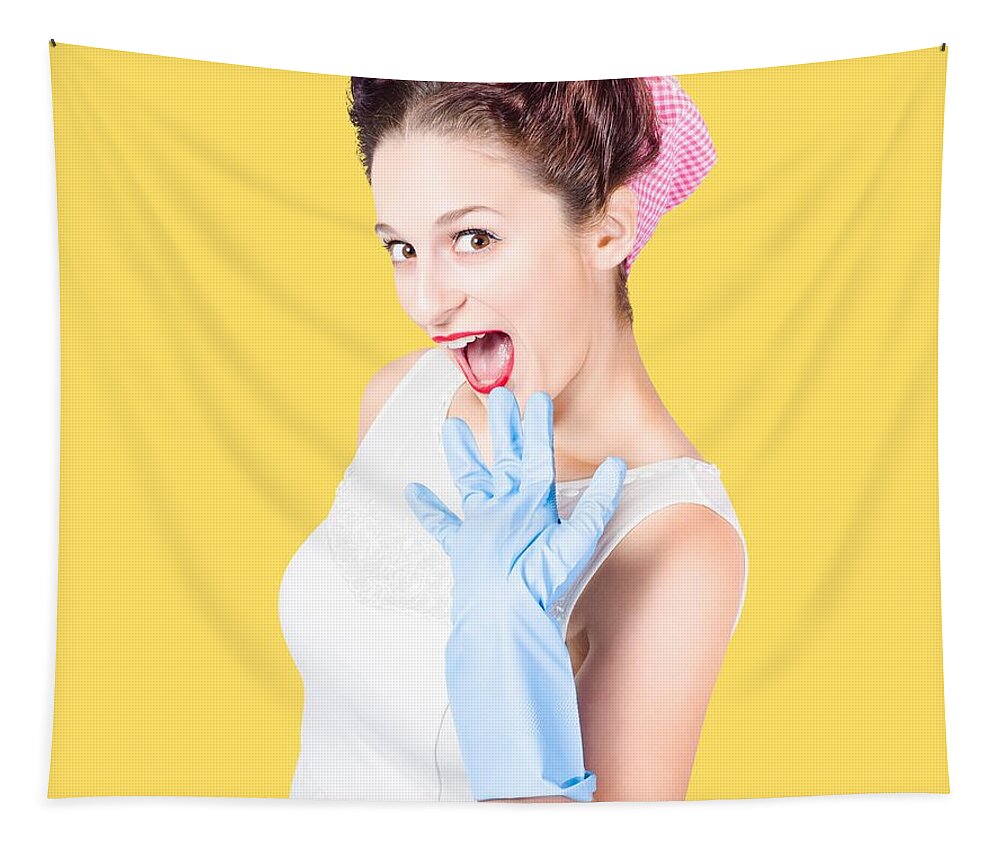 Pinup Tapestry featuring the photograph Stunned cleaning house wife wearing rubber glove by Jorgo Photography
