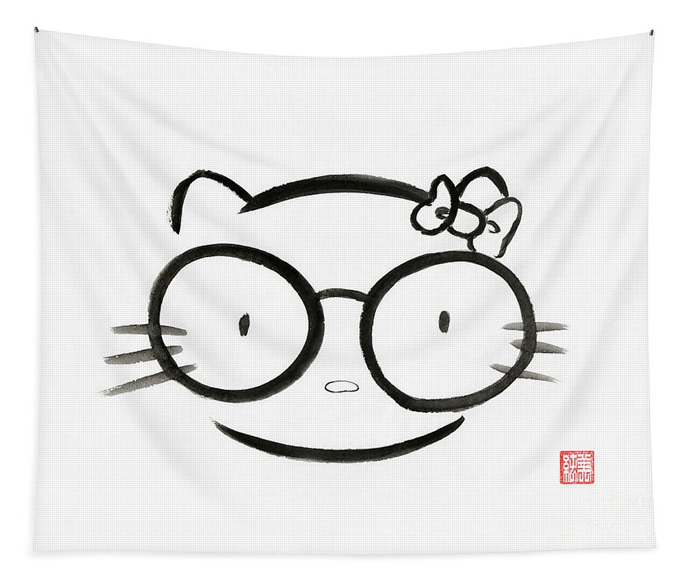 Sumi-e painting of a Japanese kawaii nerd hello kitty Tapestry by Awen Fine  Art Prints - Pixels Merch