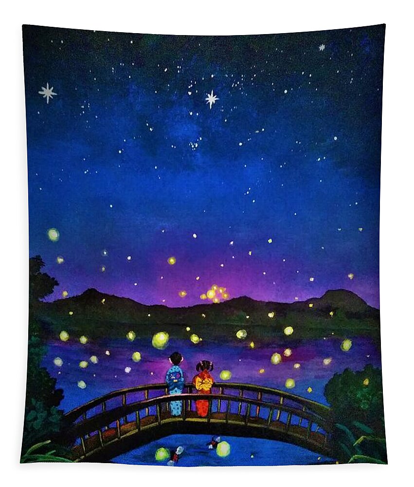 Summer Tapestry featuring the painting Summer fireflies night lights by Tara Krishna