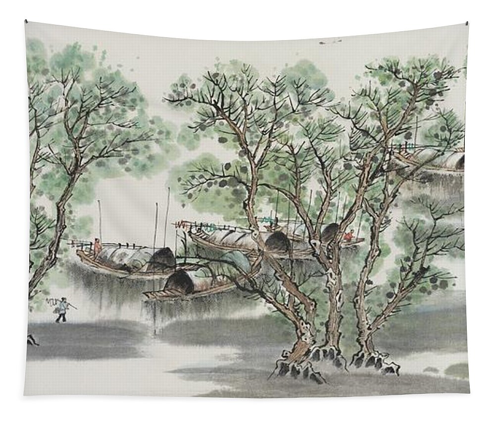 Chinese Watercolor Tapestry featuring the painting Summer on Taihu Lake by Jenny Sanders