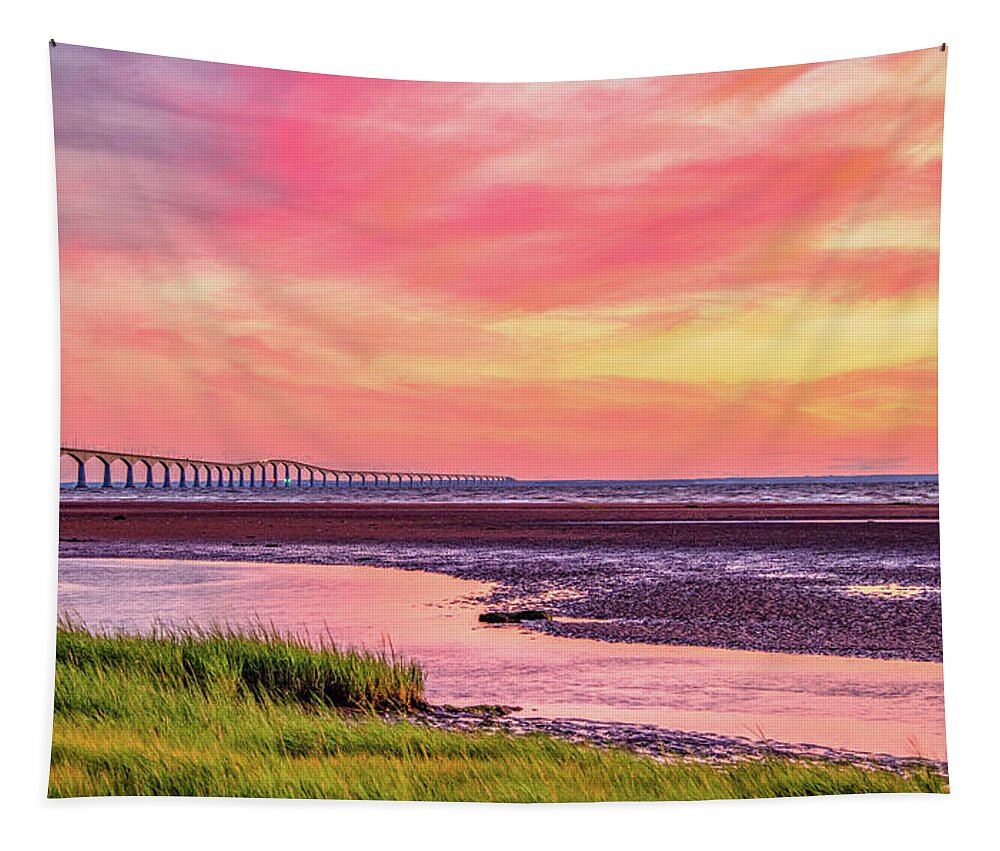 Pei Tapestry featuring the photograph Summer Sunset at Confederation Bridge, Painterly by Marcy Wielfaert