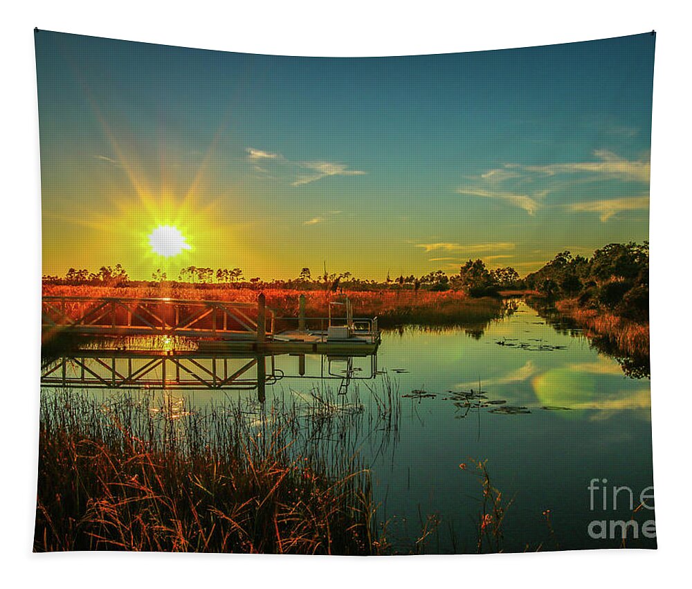 Sun Tapestry featuring the photograph Sunburst Sunset by Tom Claud