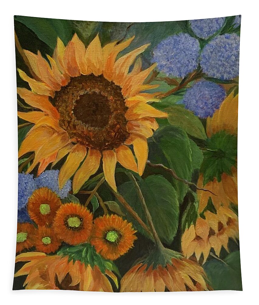 Sunflowers. Large Leaves Tapestry featuring the painting Sunflowers in my Garden by Jane Ricker