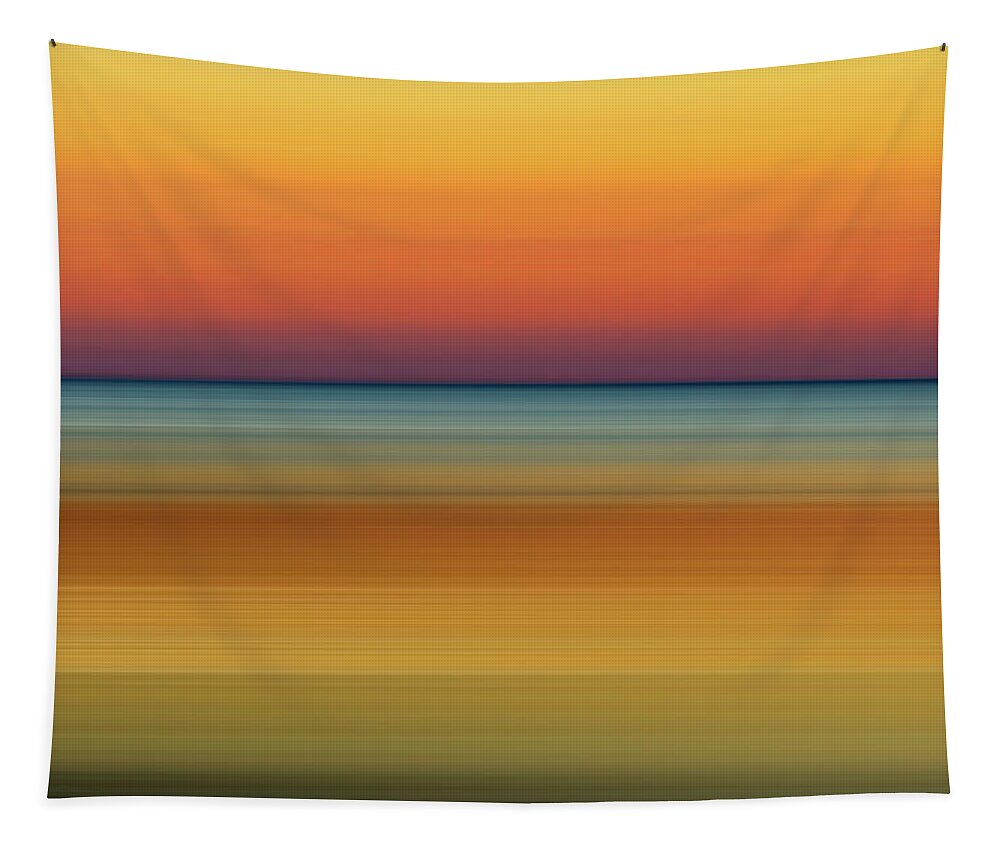 Sunrise Sunset Horizon Photography Digital Artwork Photography Based Digital Art Blur Motion Blur Sky Water Ocean Lake Morning Evening Sun Warm Saturated Colorful Color Abstract Landscape Blue Orange Cyan Yellow Red Blue Hour Golden Hour Calm Smooth Peaceful Quiet Rise Set Dawn Dusk Glow Scott Norris Creative; Scott Norris Photography Tapestry featuring the photograph Sunrise 3 by Scott Norris