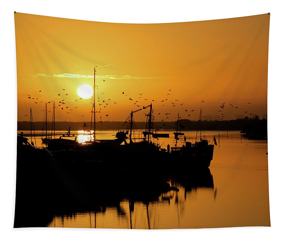 Sunset Tapestry featuring the photograph Sunrise Birds at the Marina by Robert Wilder Jr