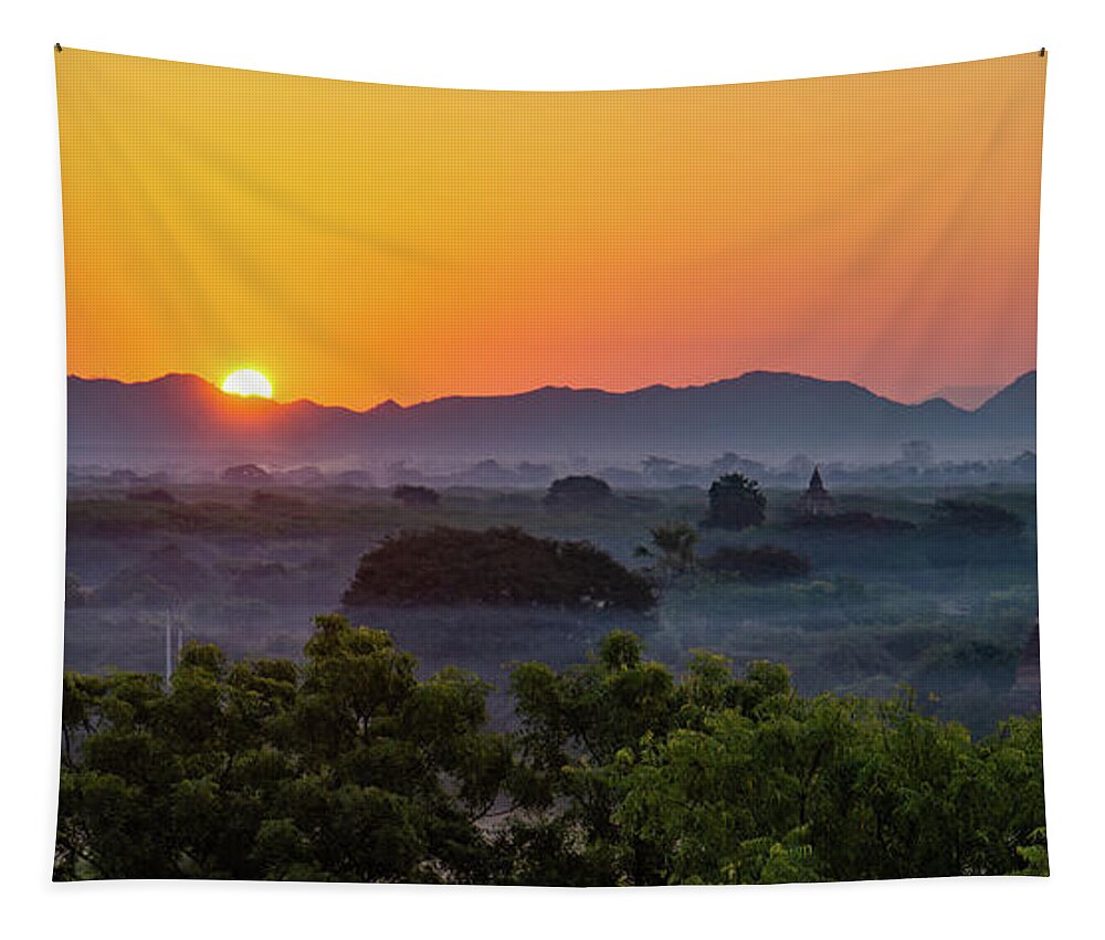 Sun Tapestry featuring the photograph sunrise landscape in Bagan, Myanmar by Ann Moore