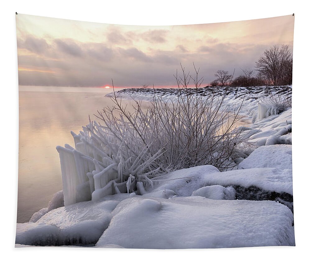 Sunrise On Ice Tapestry featuring the photograph Sunrise on Ice - Wintry Glory on Lake Ontario by Georgia Mizuleva