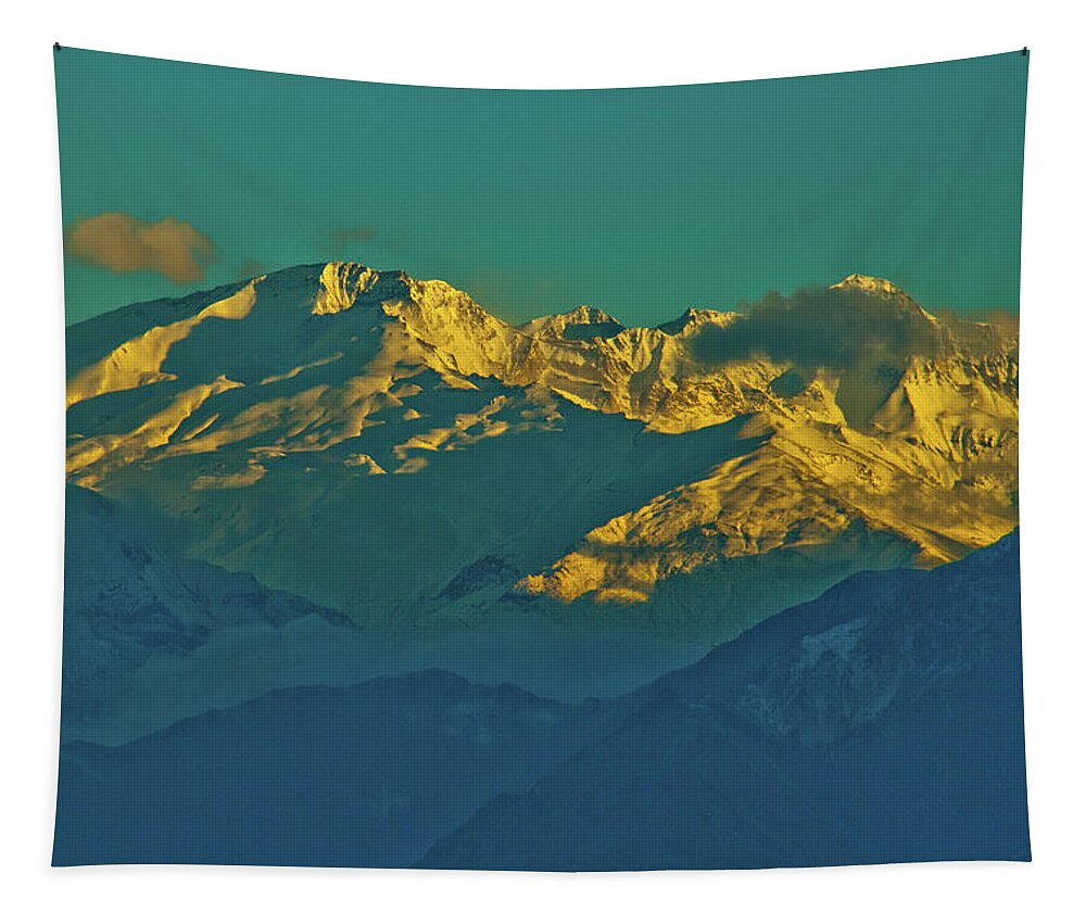 Himalayas Tapestry featuring the photograph The Golden Light of Sunrise over the Himalayas, Nepal by Leslie Struxness