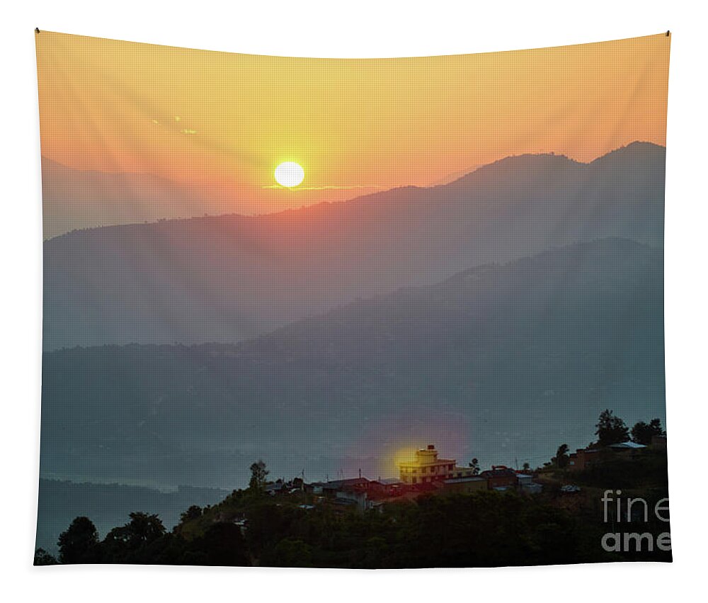 Himalaya Tapestry featuring the photograph Sunset above mountain in valley Himalayas mountains by Raimond Klavins