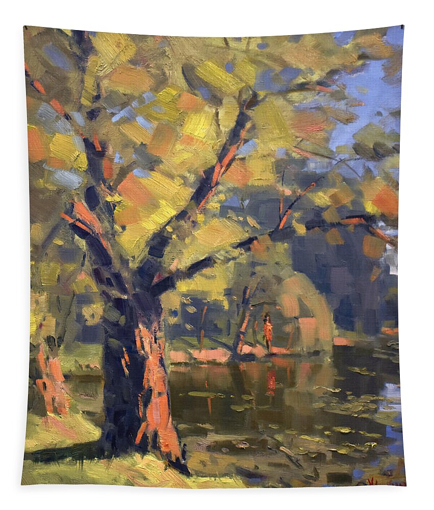 Sunset Tapestry featuring the painting Sunset at Bond Lake Park by Ylli Haruni