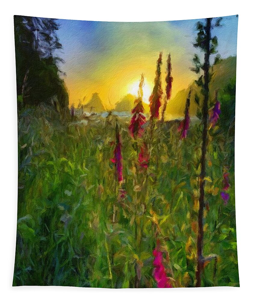 Painted Photo Tapestry featuring the painting Sunset at Heceta by Bonnie Bruno