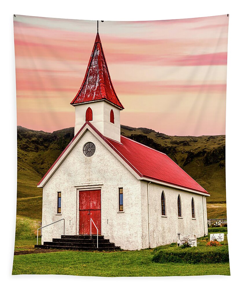 Church Tapestry featuring the photograph Sunset Chapel of Iceland by David Letts