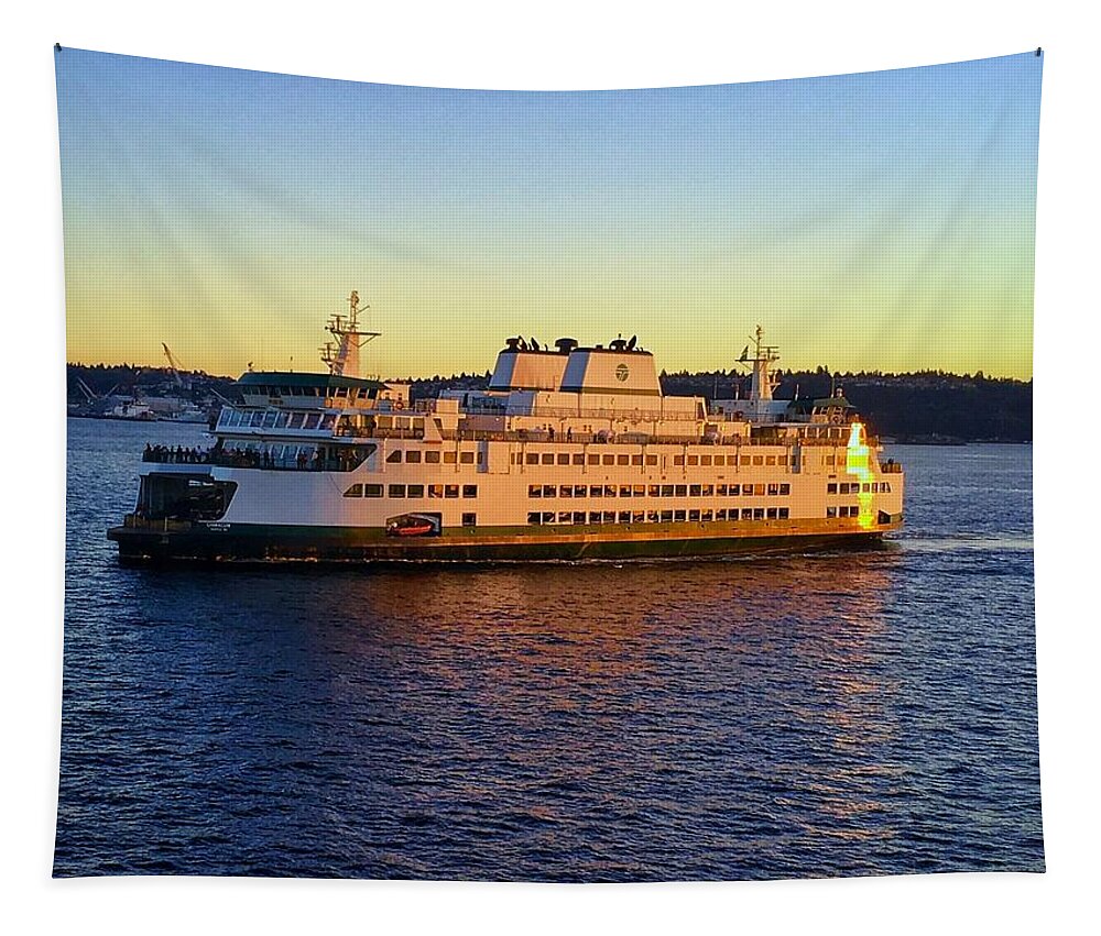 Ferry Tapestry featuring the photograph Sunset Ferry Reflection by Jerry Abbott