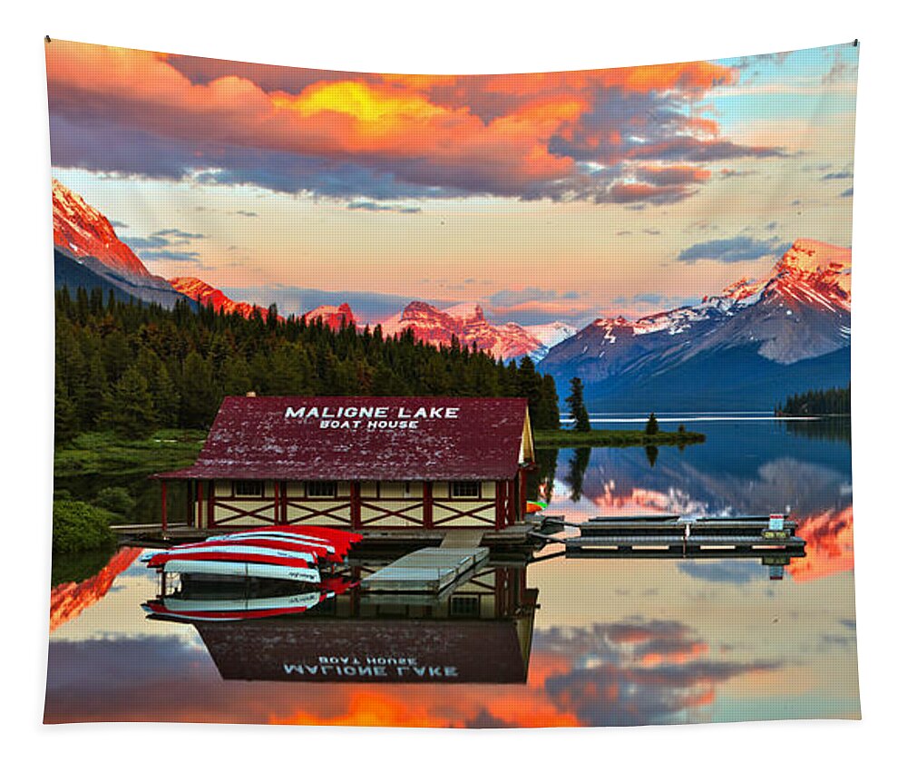 Maligne Lake Tapestry featuring the photograph Sunset Glow Over The Maligne Lake Boathouse by Adam Jewell