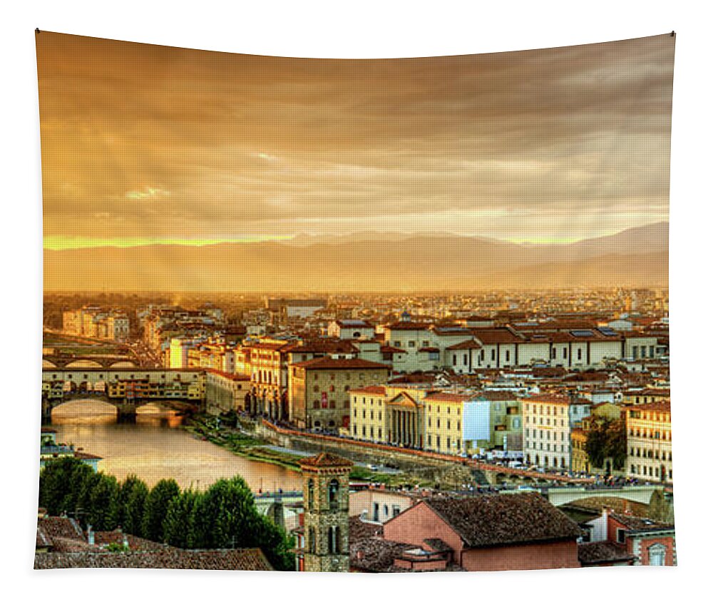 Florence Tapestry featuring the photograph Sunset in Florence duet 1 - Ponte Vecchio and Palazzo Vecchio by Weston Westmoreland