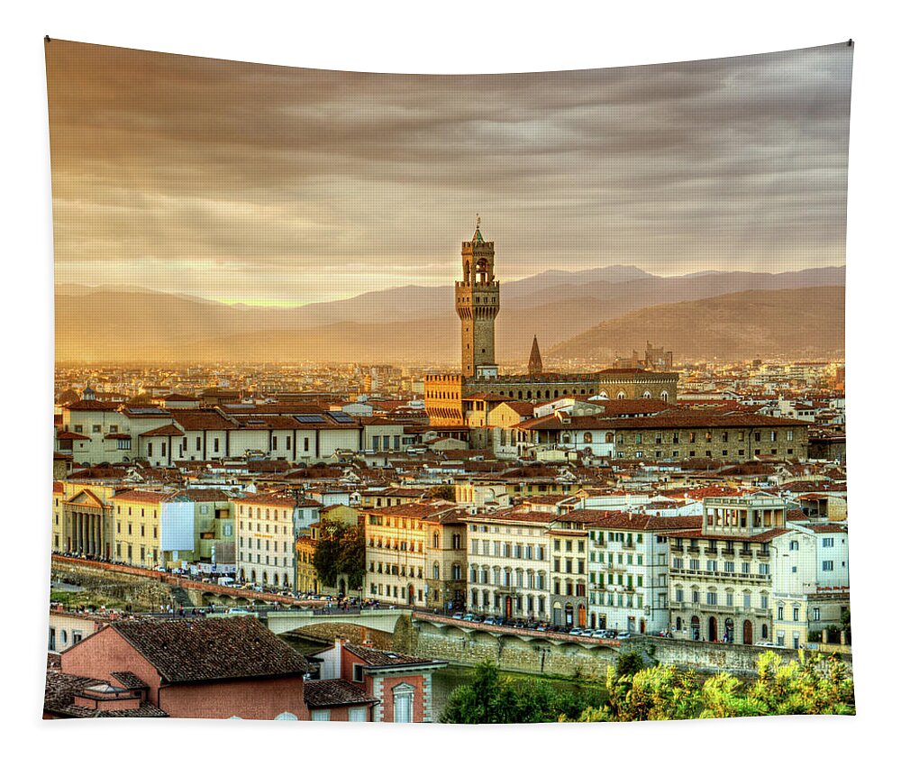 Florence Tapestry featuring the photograph Sunset in Florence Triptych 2 - Palazzo Vecchio by Weston Westmoreland