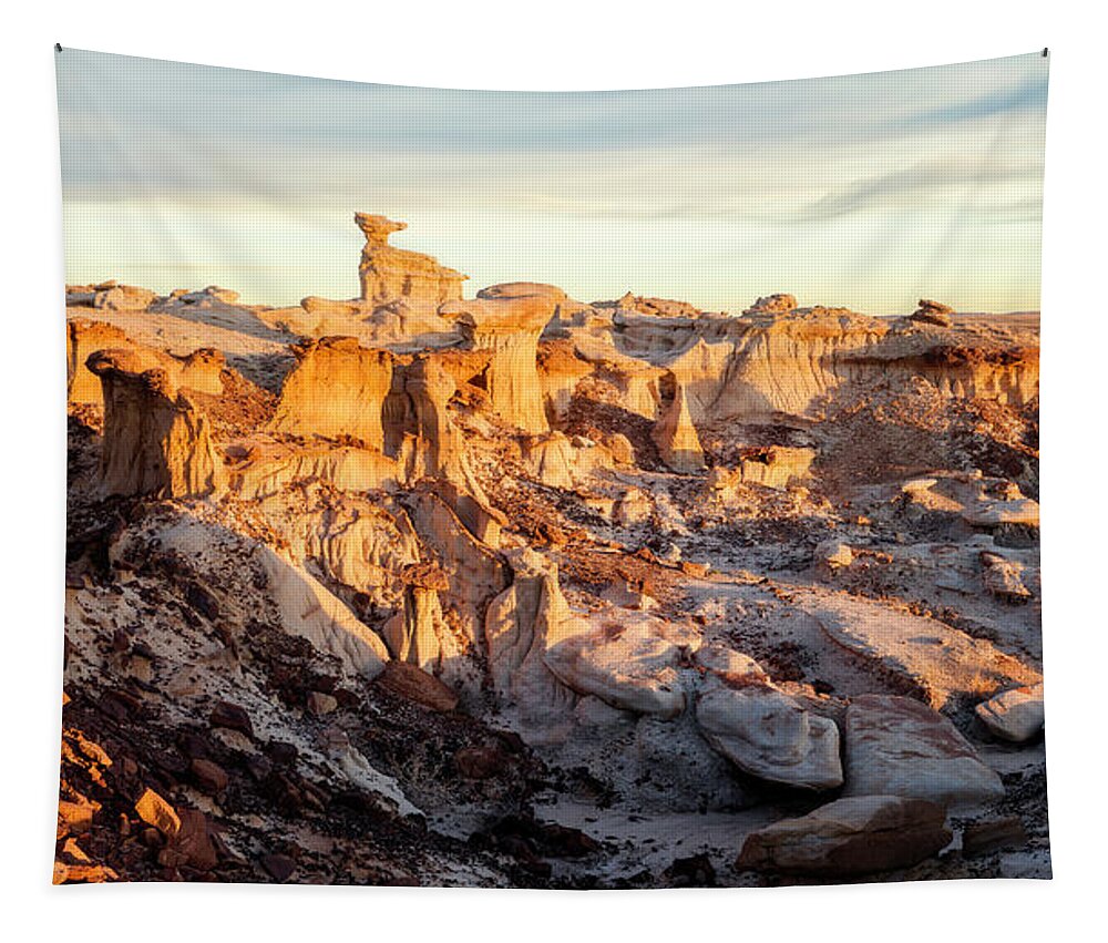 Abstract Tapestry featuring the photograph Sunset in Valley of Dreams Badlands by Alex Mironyuk