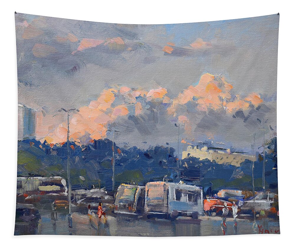 Sunset Tapestry featuring the painting Sunset Light On the Clouds by Ylli Haruni