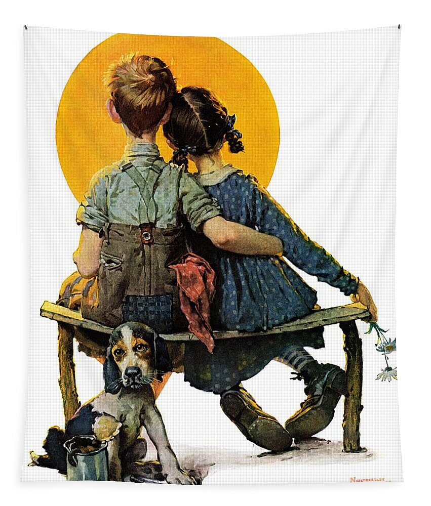 Benches Tapestry featuring the painting Sunset by Norman Rockwell