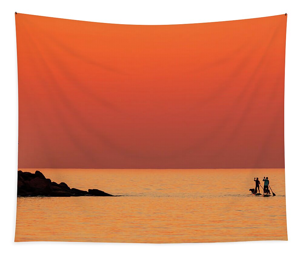 Pei Tapestry featuring the photograph Sunset, Ocean, Paddle Boards, and Dogs by Marcy Wielfaert