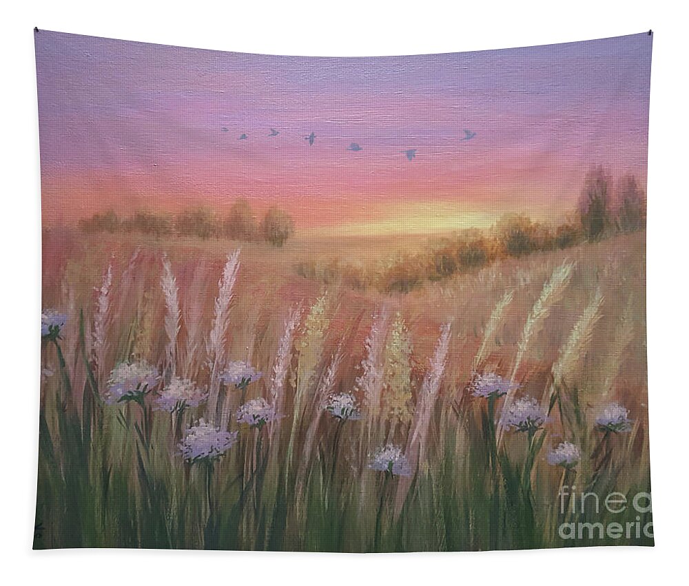 Sunset Tapestry featuring the painting Sunset on Autumn Hill by Yoonhee Ko