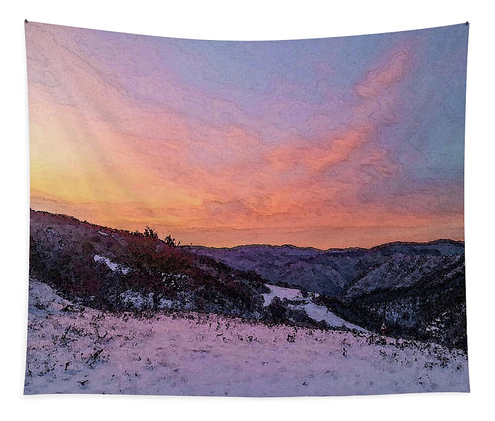 Sunset Tapestry featuring the digital art Sunset on the Ridge over San Benedetto in Alpe by Dimitris Sivyllis