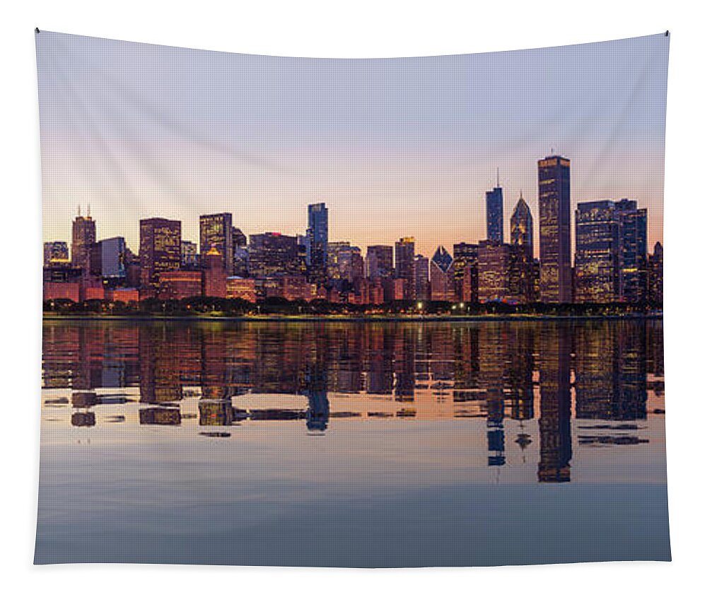 Illinois Tapestry featuring the photograph Sunset over city skyline Chicago from Observatory by Steven Heap