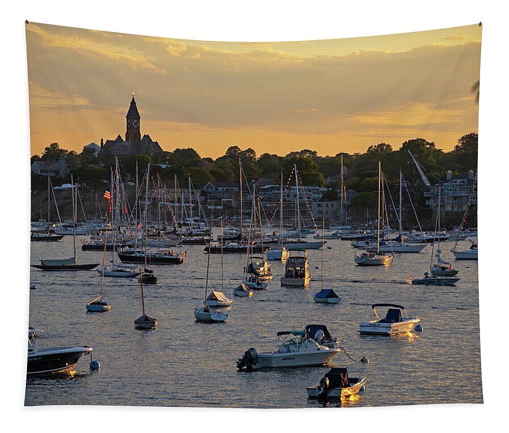 Marblehead Tapestry featuring the photograph Sunset over Marblehead Harbor and Abbot Hall Chandler Hovey Park by Toby McGuire