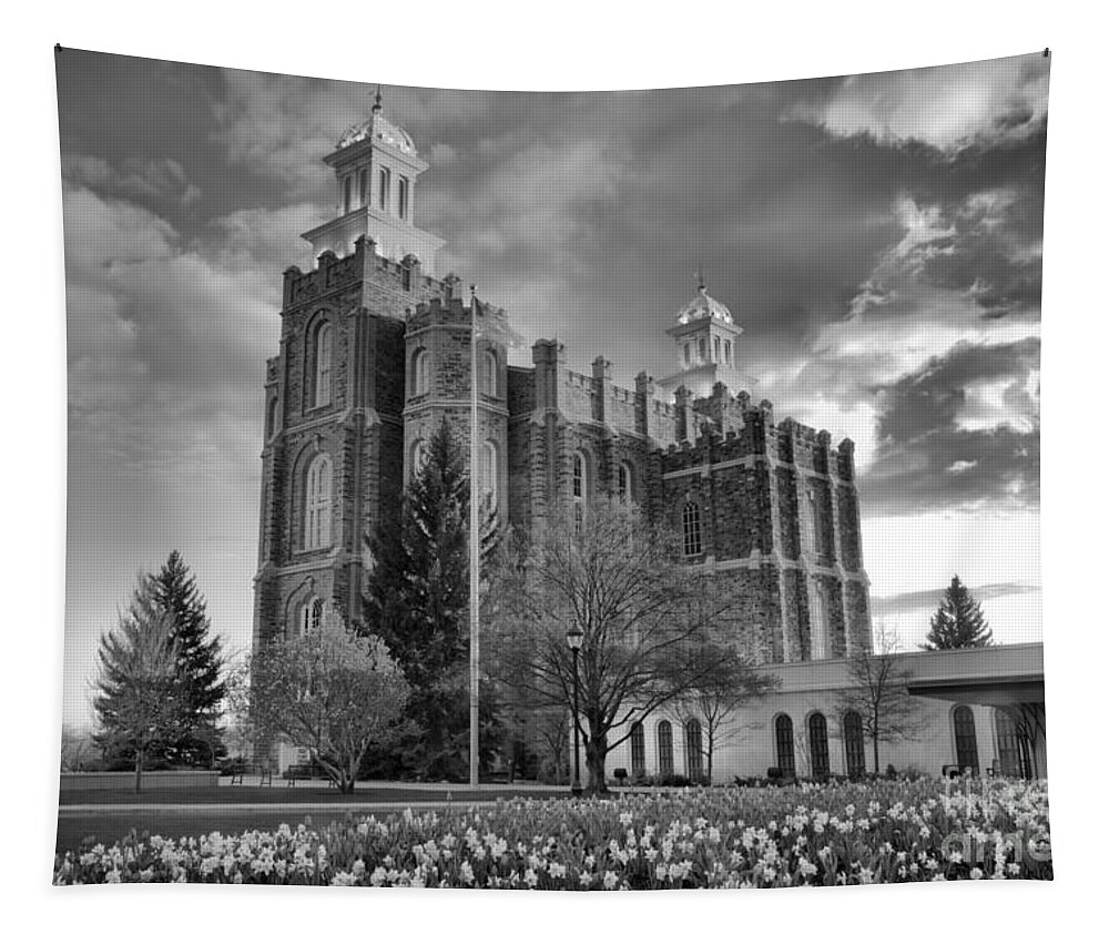 Logan Temple Tapestry featuring the photograph Sunset Over The Logan Temple Black And White by Adam Jewell