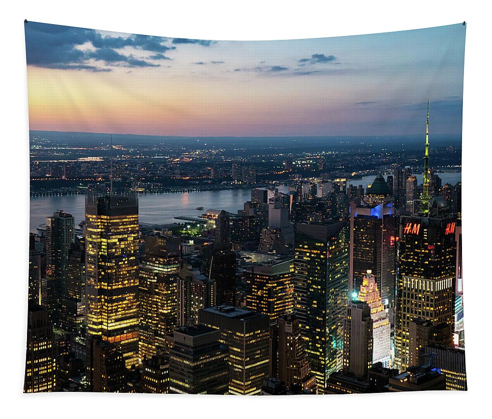Sunset Skyline New York City Tapestry featuring the photograph Sunset Skyline New York City by Sharon Popek