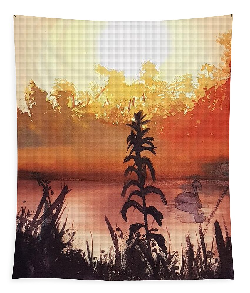 Sunset Tapestry featuring the painting Sunsut on the duck by Paola Baroni