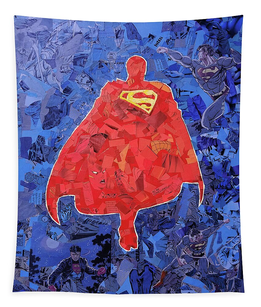 Superman Tapestry featuring the mixed media Superman collage by Kyle Willis