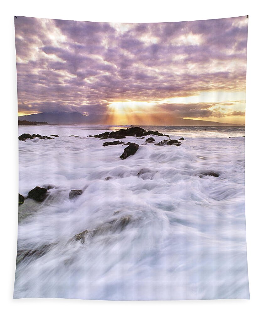 Coastal Feature Tapestry featuring the photograph Surf At Sunset, Hawaii by Mint Images
