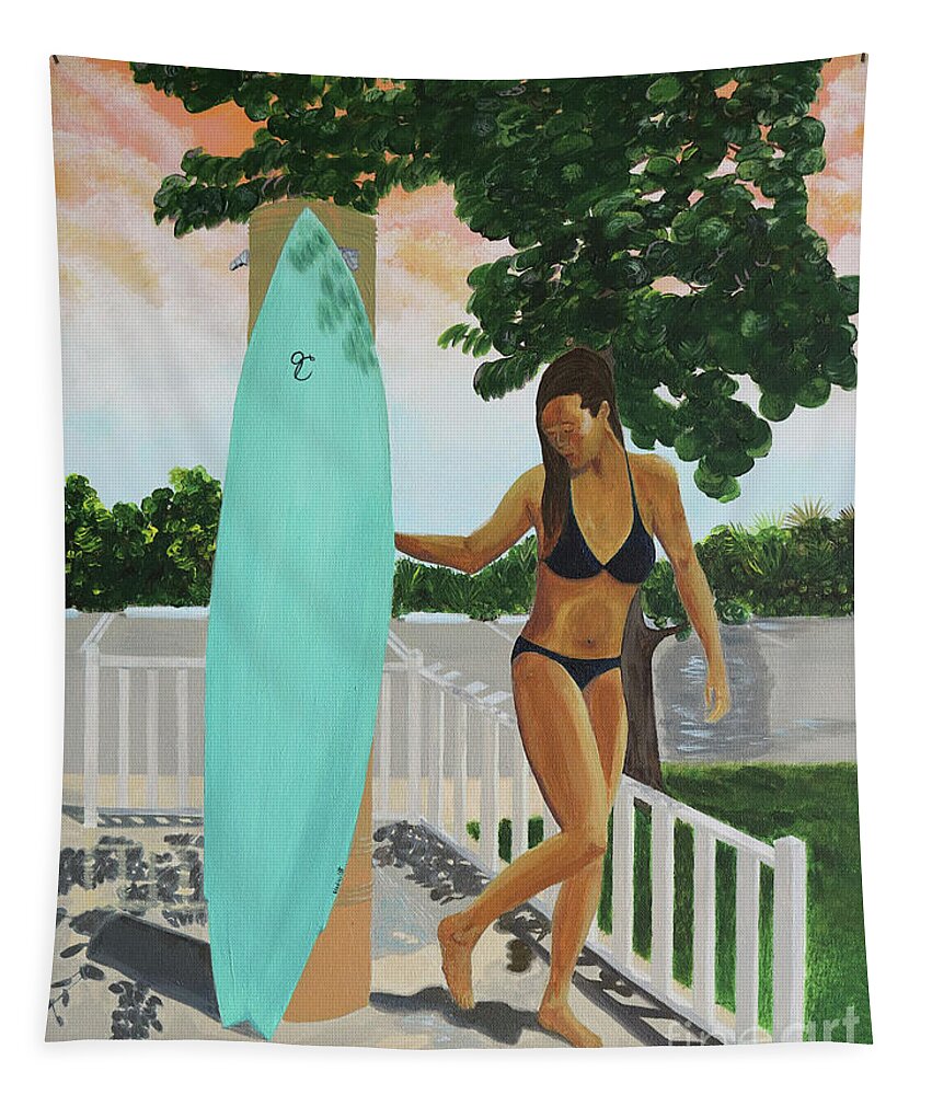 Beach Tapestry featuring the painting Surfer Girl Beach Shower by Jenn C Lindquist