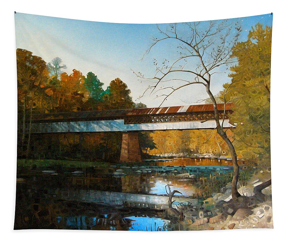 Covered Bridge American Landscape Autumn River Bridges Fine Art Oil Painting Tapestry featuring the painting Swann Covered Bridge In Early Autumn by T S Carson