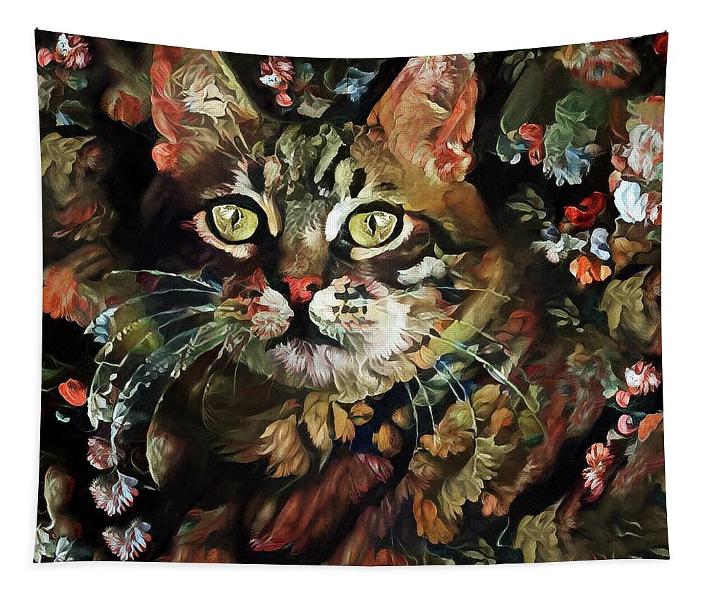 Cat Tapestry featuring the digital art Tabby Cat Old World Floral by Peggy Collins