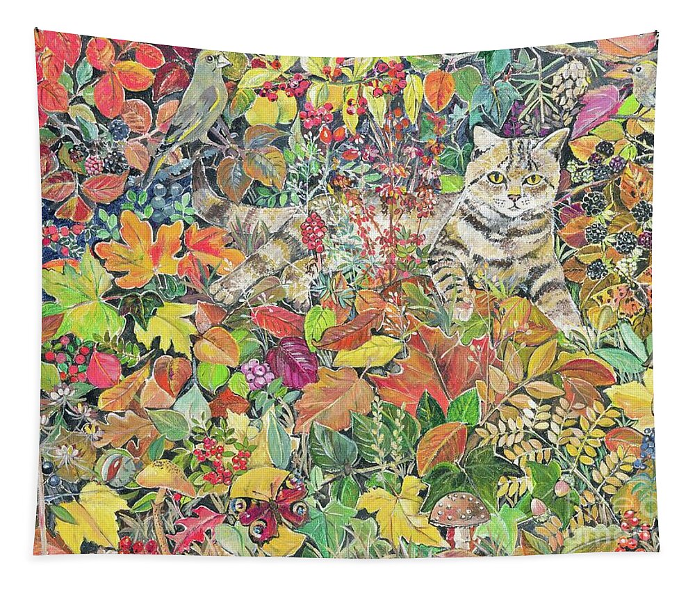 Contemporary Art Tapestry featuring the painting Tabby In Autumn, 1996 by Hilary Jones