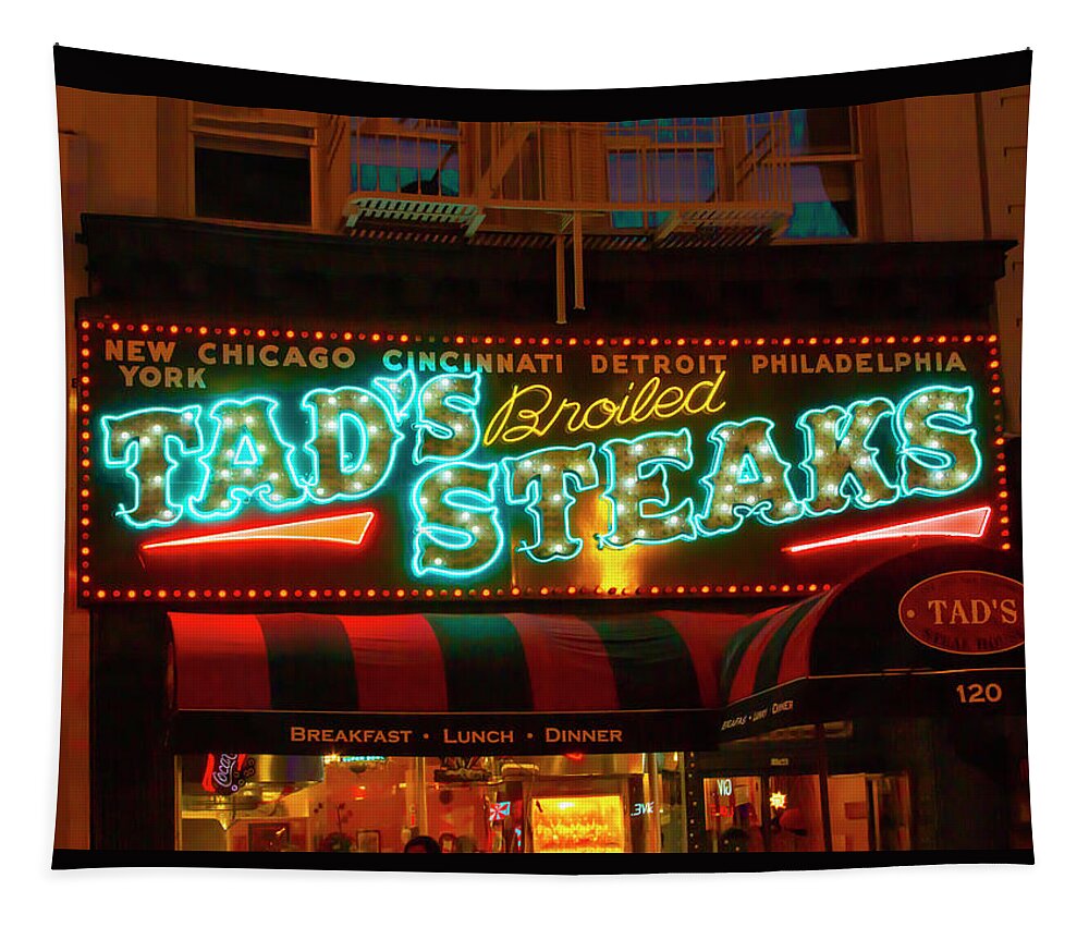 Tads Steaks Sign Tapestry featuring the photograph Tads Steaks Sign by Bonnie Follett