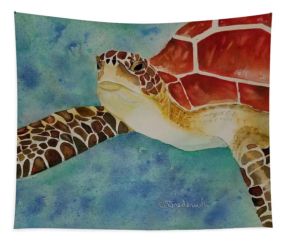 Turtle Tapestry featuring the painting Taking a Swim by Ann Frederick
