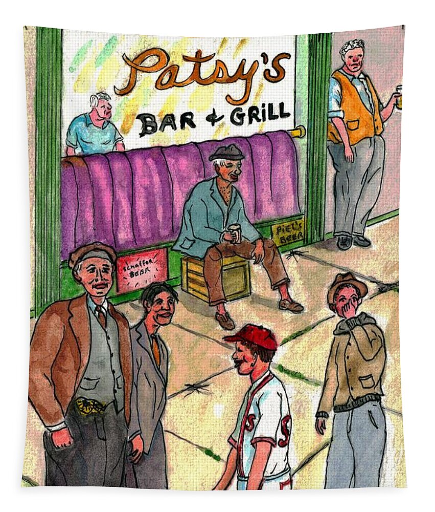 Talking Tapestry featuring the painting Talking About Baseball With The Men At The Corner Bar and Grill by Philip And Robbie Bracco