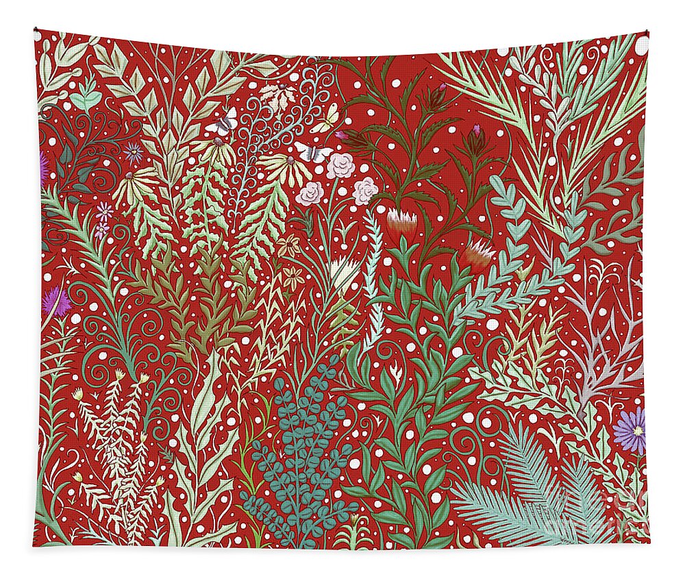 Lise Winne Tapestry featuring the digital art Tapestry and Rug Design in Dark Red with Millefleurs and Butterflies, Old World by Lise Winne