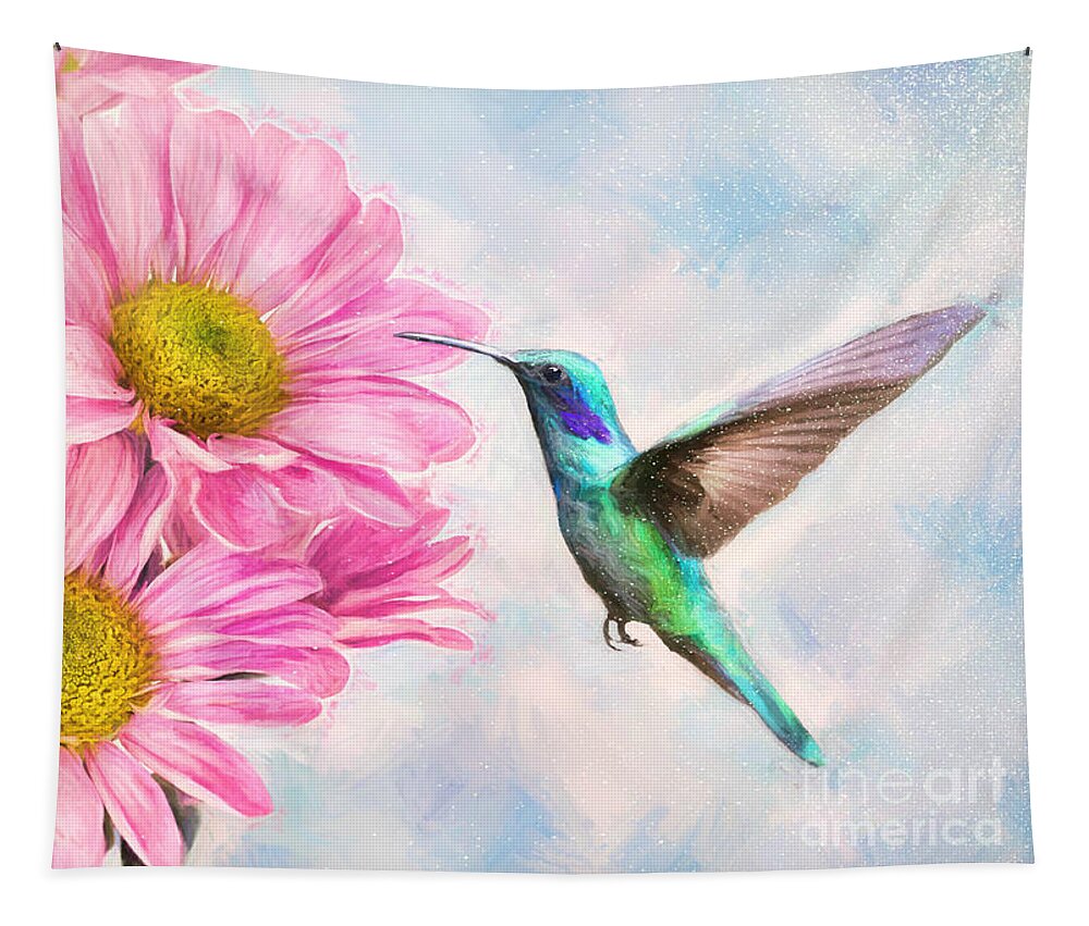 Hummingbird Tapestry featuring the painting Testing The Daisies by Tina LeCour