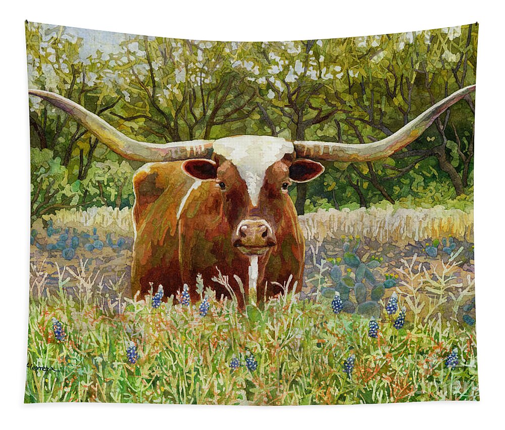 Longhorn Tapestry featuring the painting Texas Longhorn by Hailey E Herrera